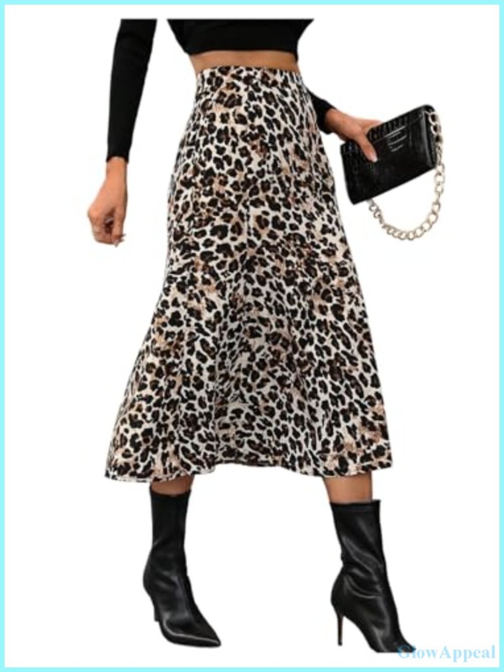 Leopard Print High Waisted A Line Flared Midi Skirt for Women